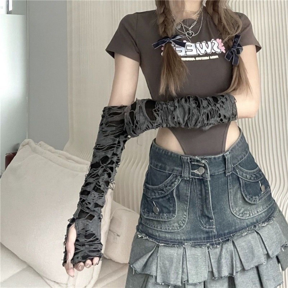 Fingerless Glove Knit - Luvas Longas Punk Estilo Desgastado Escuro,