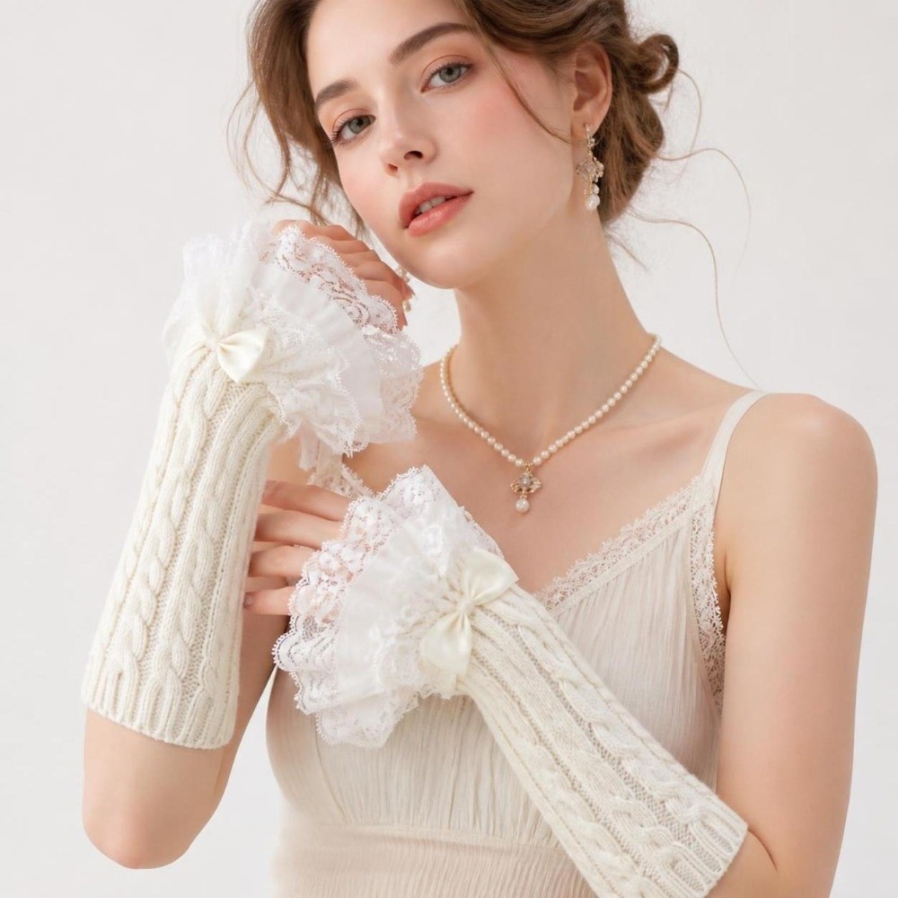 1 par de Luvas de Renda com Ba - Fingerless Glove Knit avaliação e preço